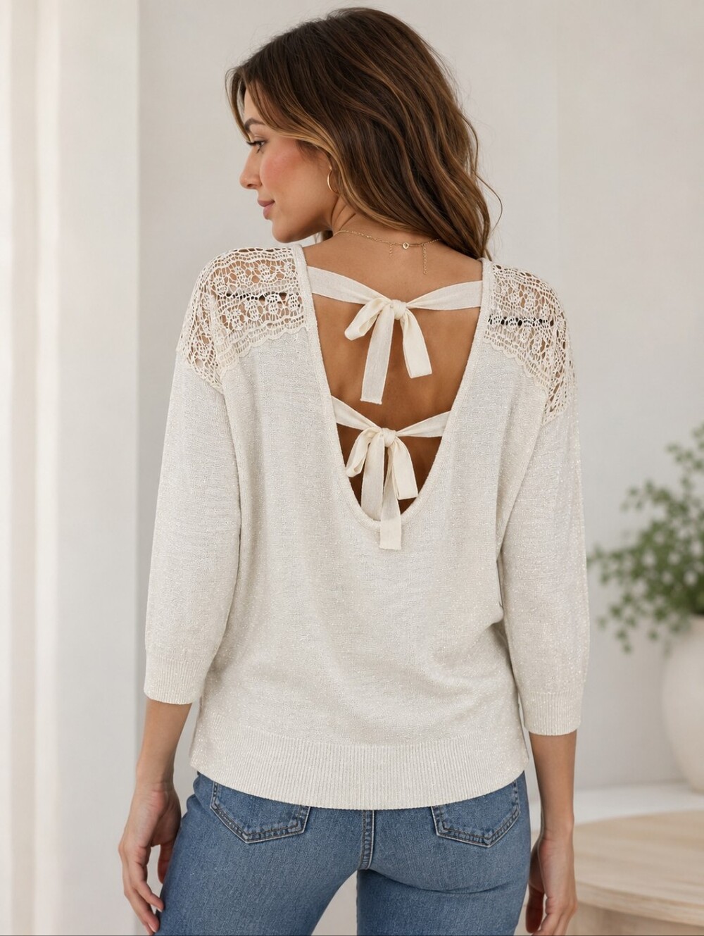 XXL Ivory Silver Transitional Open Back Lace Tie Fall Sweater NWOT